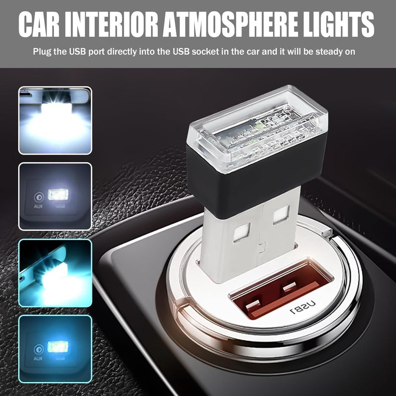 Hbxdeco 4 قطع مصباح داخلي LED للسيارة، ضوء ليلي صغير محمول، مجموعة إضاءة محيطية بواجهة USB، ملحقات داخلية عالمية للسيارة (أبيض + أزرق جليدي) - Image 2